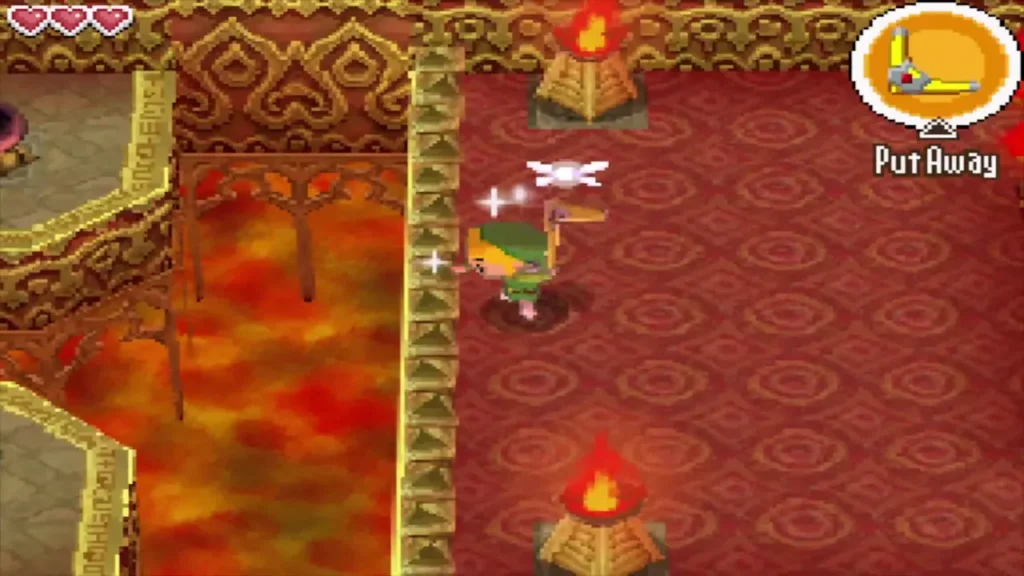 Link with the Boomerang out in a lava room beside flame-topped pedestals Link with the Boomerang out in a lava room beside flame-topped pedestals