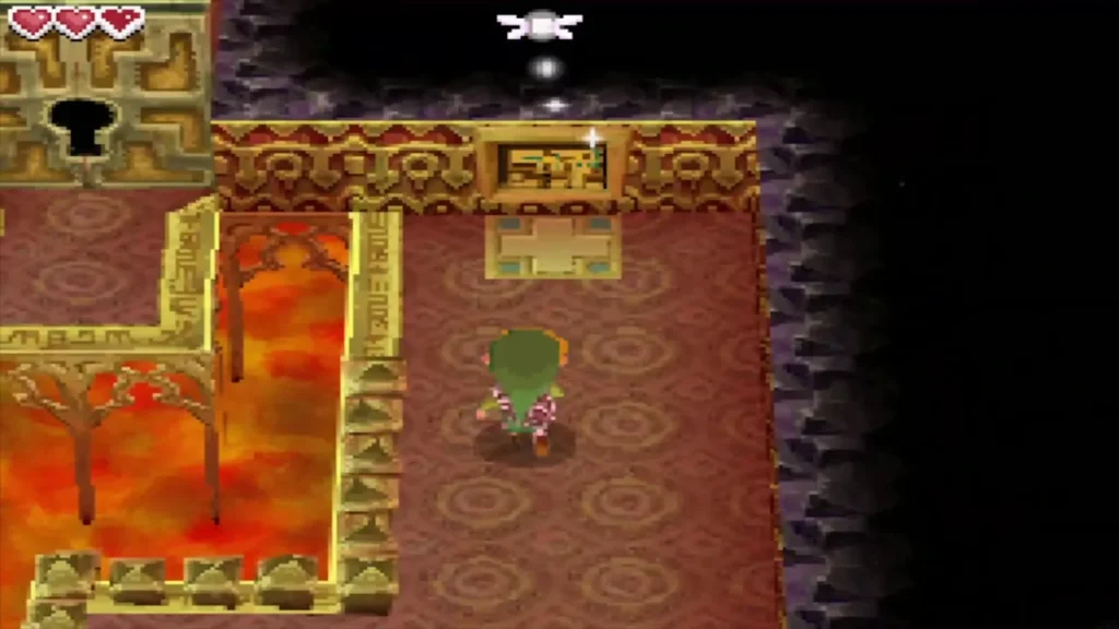 Link beside lava below the locked door with its keyhole Link beside lava below the locked door with its keyhole