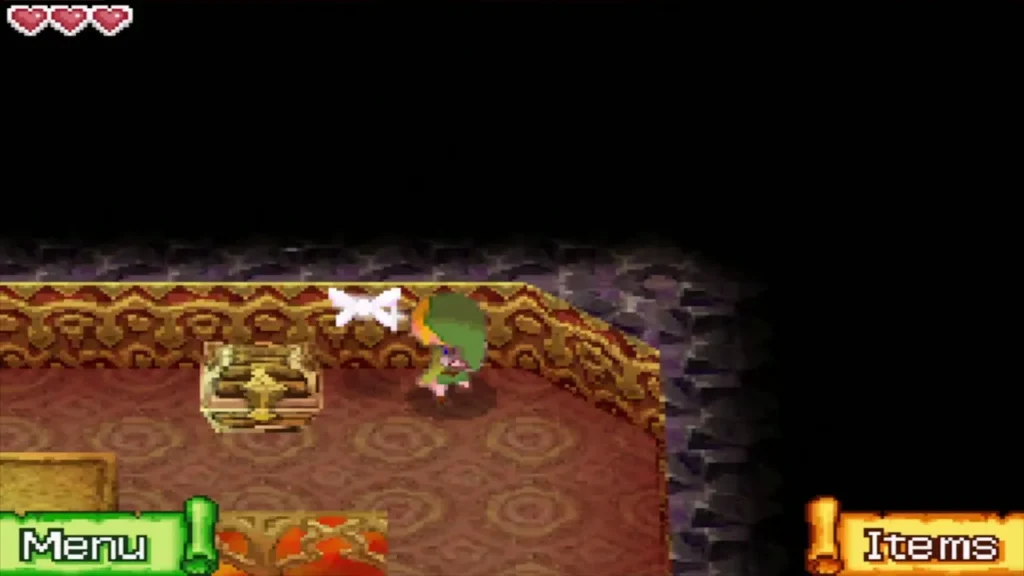 Link walking up to a chest on the path through the false-floor maze Link walking up to a chest on the path through the false-floor maze