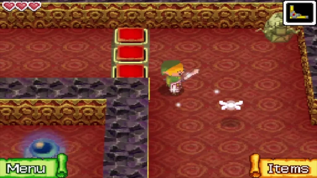 Link beside a column of red blocks with a blue switch behind a wall Link beside a column of red blocks with a blue switch behind a wall