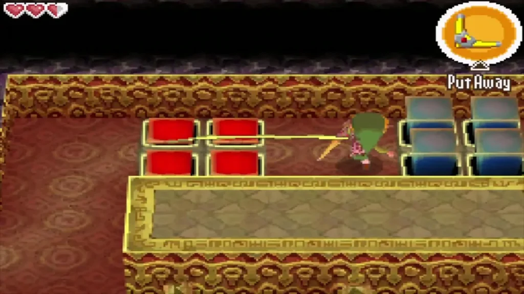 Link between the red and blue blocks throwing the Boomerang a second time Link between the red and blue blocks throwing the Boomerang a second time