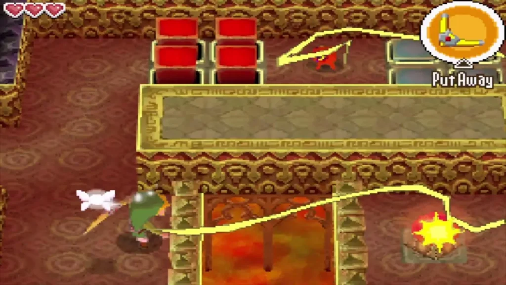 Boomerang paths hitting a crystal switch and an Octorok beyond the red blocks Boomerang paths hitting a crystal switch and an Octorok beyond the red blocks