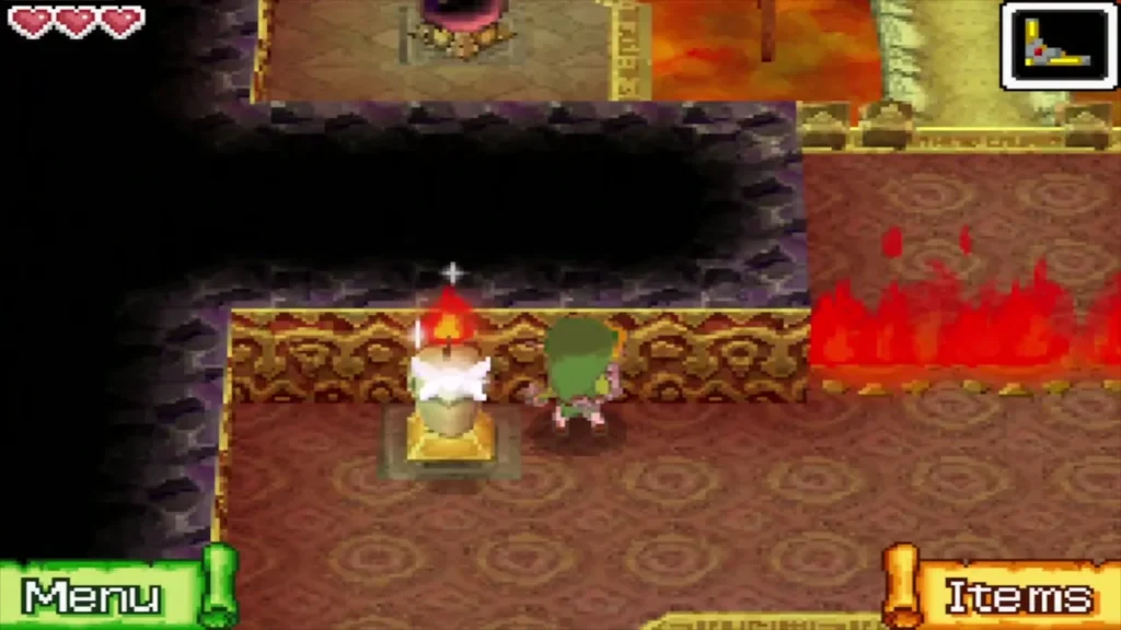 Link standing next to a lit candle on a ledge beside a wall of flames Link standing next to a lit candle on a ledge beside a wall of flames