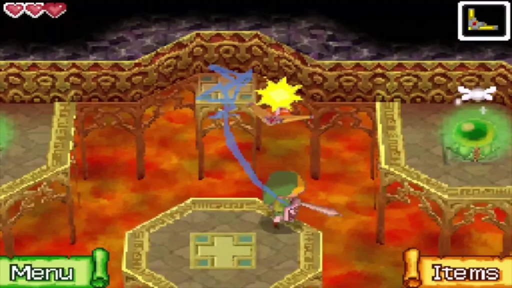 Link sending the Boomerang at the last switch above the lava, with a spark on hit Link sending the Boomerang at the last switch above the lava, with a spark on hit