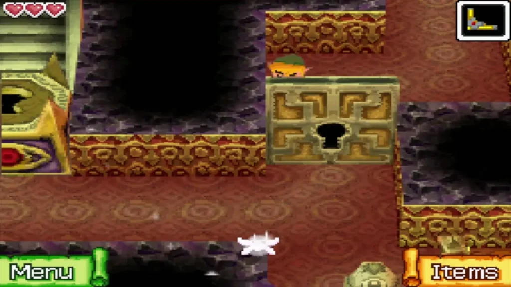 Link beside a stone block with a keyhole, the locked door Link beside a stone block with a keyhole, the locked door