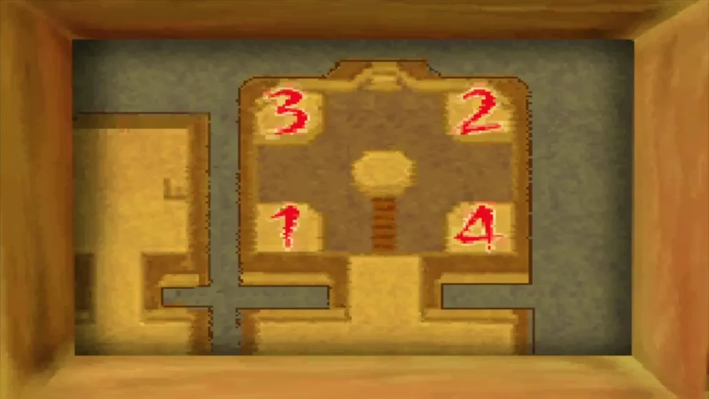 A wall picture showing the numbers three, two, one and four in the corners of a switch room A wall picture showing the numbers three, two, one and four in the corners of a switch room