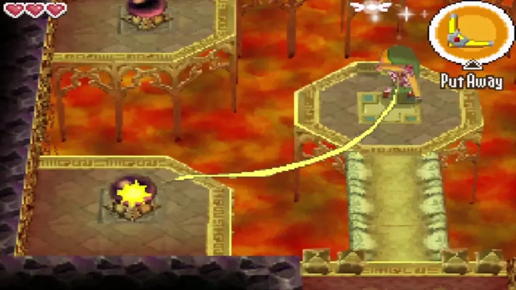 Link throwing the Boomerang across the lava room to hit a switch Link throwing the Boomerang across the lava room to hit a switch