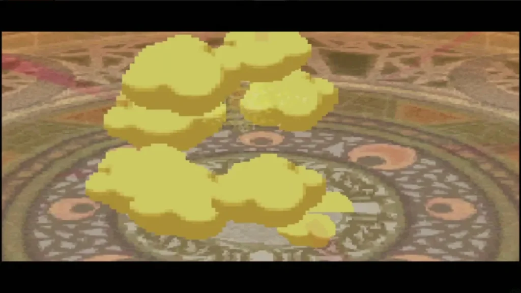 Yellow sparks bursting where Blaaz was defeated in the arena Yellow sparks bursting where Blaaz was defeated in the arena