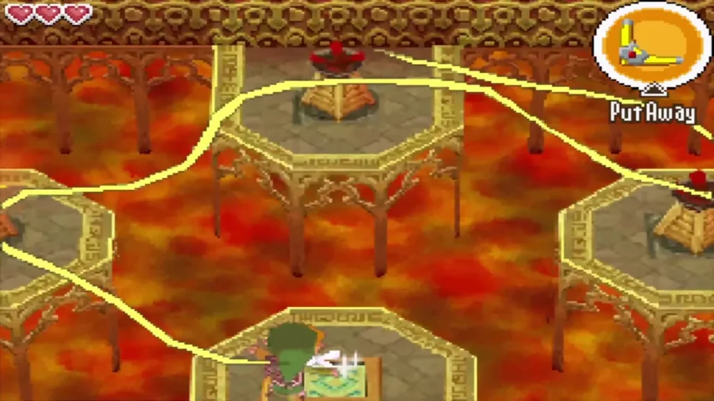 A Boomerang path crossing the lava platforms to the unlit torches A Boomerang path crossing the lava platforms to the unlit torches