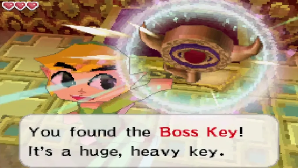 Link holding up the Boss Key with its message box Link holding up the Boss Key with its message box