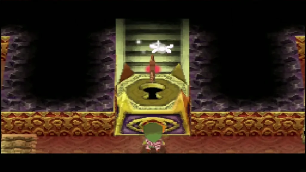 The Boss Key flying toward the large lock on the gate at the foot of the stairs The Boss Key flying toward the large lock on the gate at the foot of the stairs