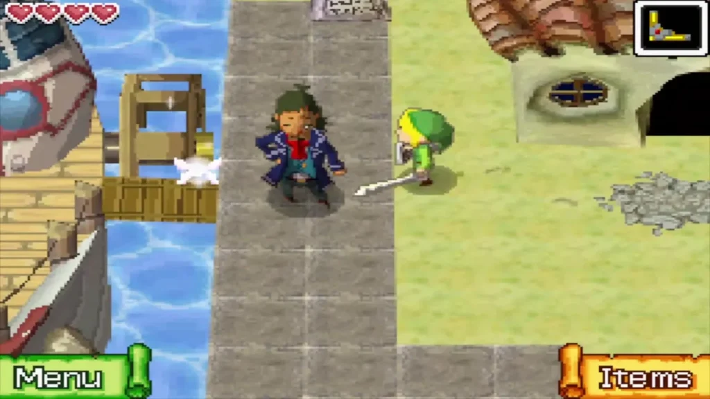 Link walking up the stone dock to meet Linebeck beside the ship Link walking up the stone dock to meet Linebeck beside the ship