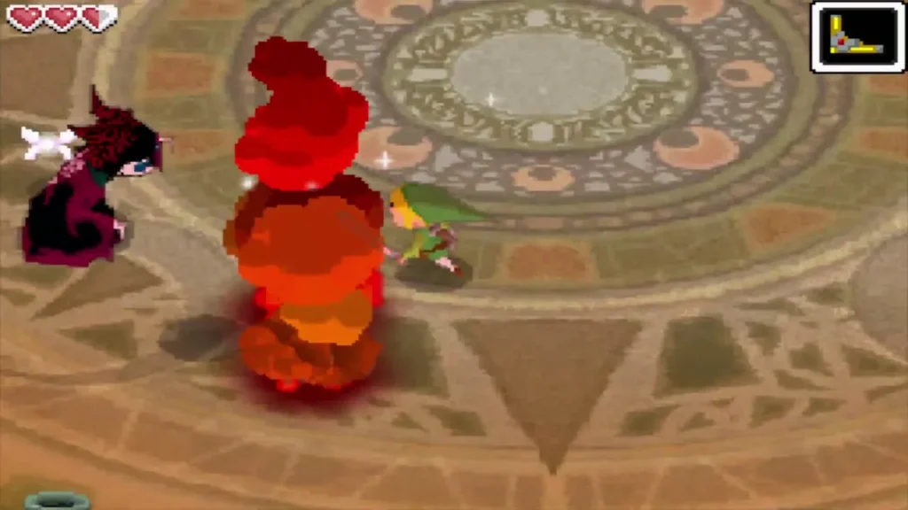 A fire boulder dropping beside Link while Blaaz crouches nearby A fire boulder dropping beside Link while Blaaz crouches nearby