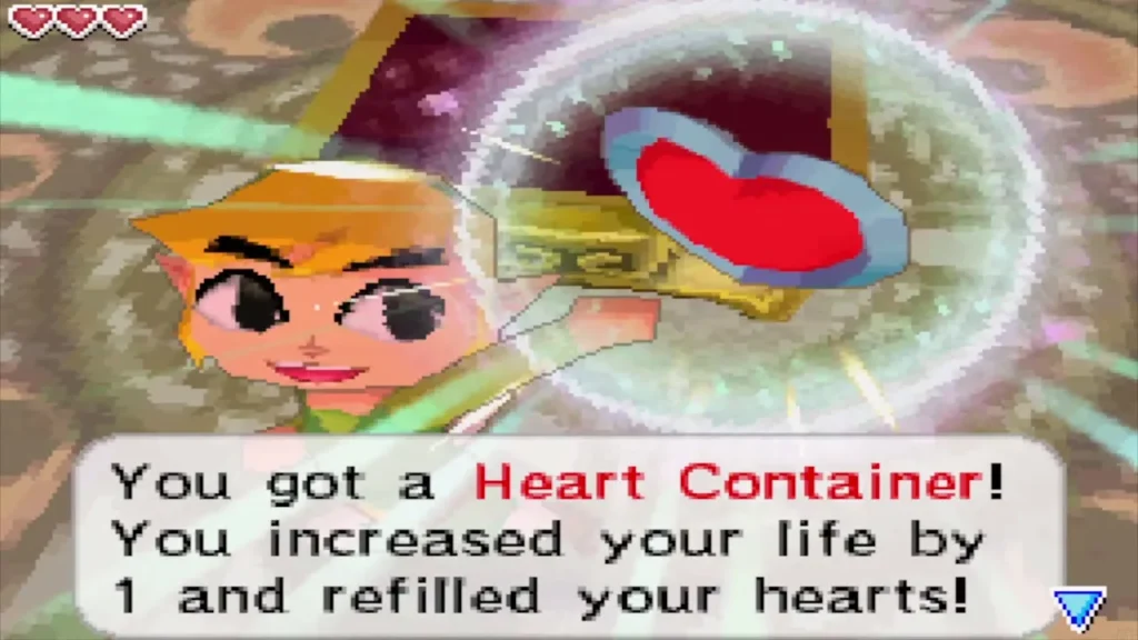 Link holding up a Heart Container with the message that his life grew by one Link holding up a Heart Container with the message that his life grew by one