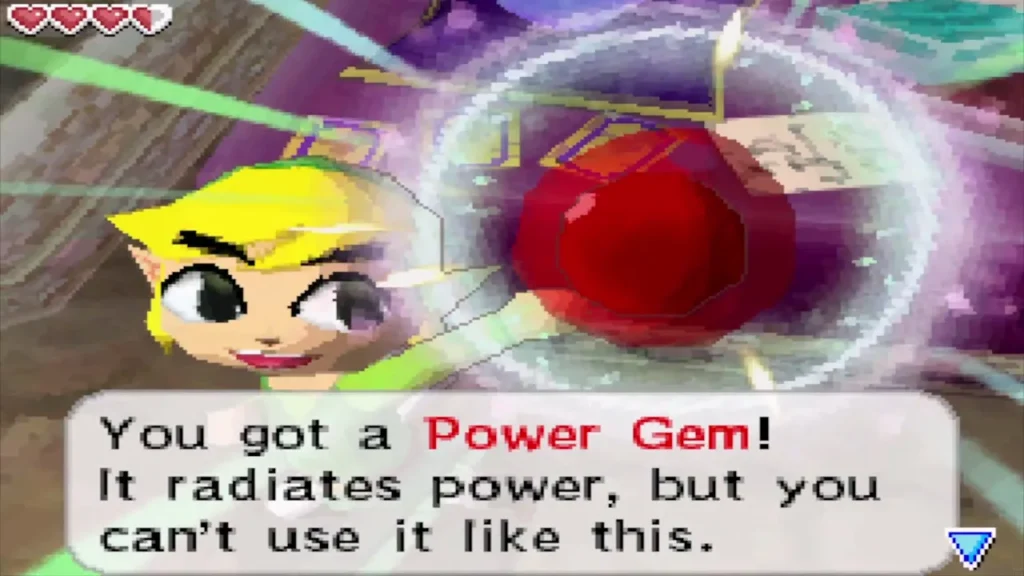 Link holding up a Power Gem with its message box Link holding up a Power Gem with its message box