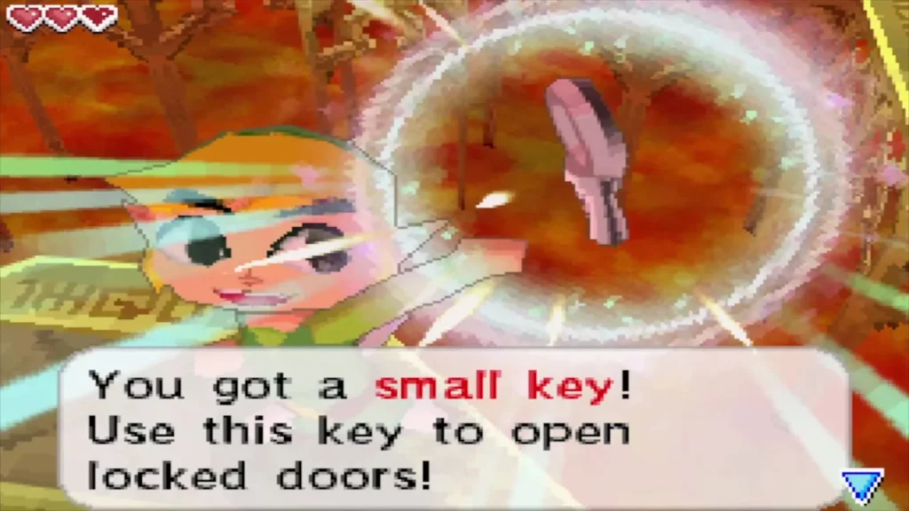 Link holding up a small key with the message that it opens locked doors Link holding up a small key with the message that it opens locked doors
