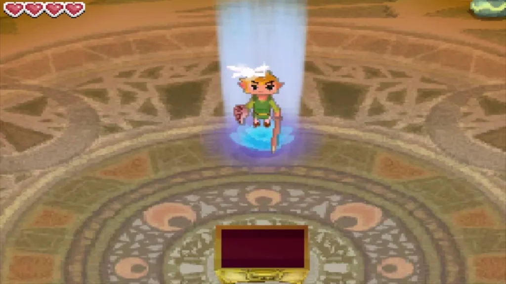 Link rising on a beam of light from the blue warp pad in the arena Link rising on a beam of light from the blue warp pad in the arena