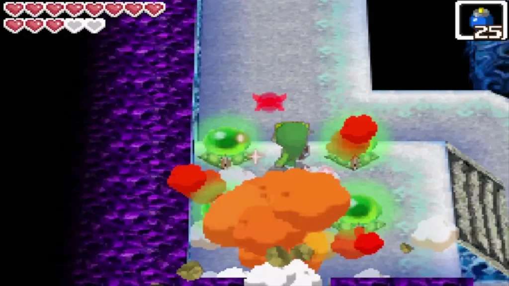 A bomb blast bursts beside the four switches as Link opens the south wall of the B2 room A bomb blast bursts beside the four switches as Link opens the south wall of the B2 room