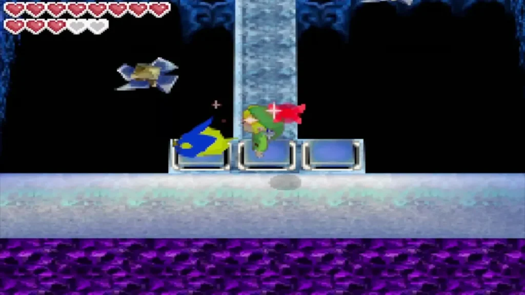 A Bombchu running along the lowered blue blocks beside Link on 1F A Bombchu running along the lowered blue blocks beside Link on 1F