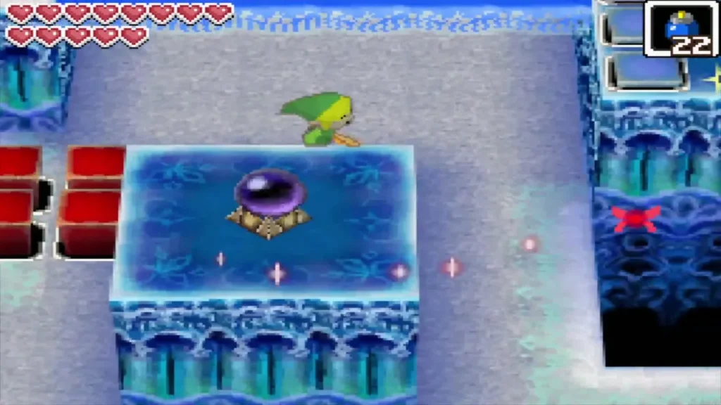 Link beside a raised crystal switch block with red blocks to the west Link beside a raised crystal switch block with red blocks to the west