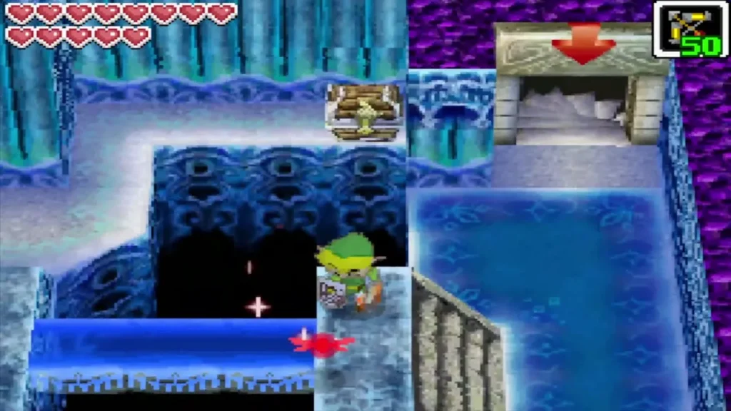 Link at the end of a melted ice bridge on 3F with a chest across the gap Link at the end of a melted ice bridge on 3F with a chest across the gap