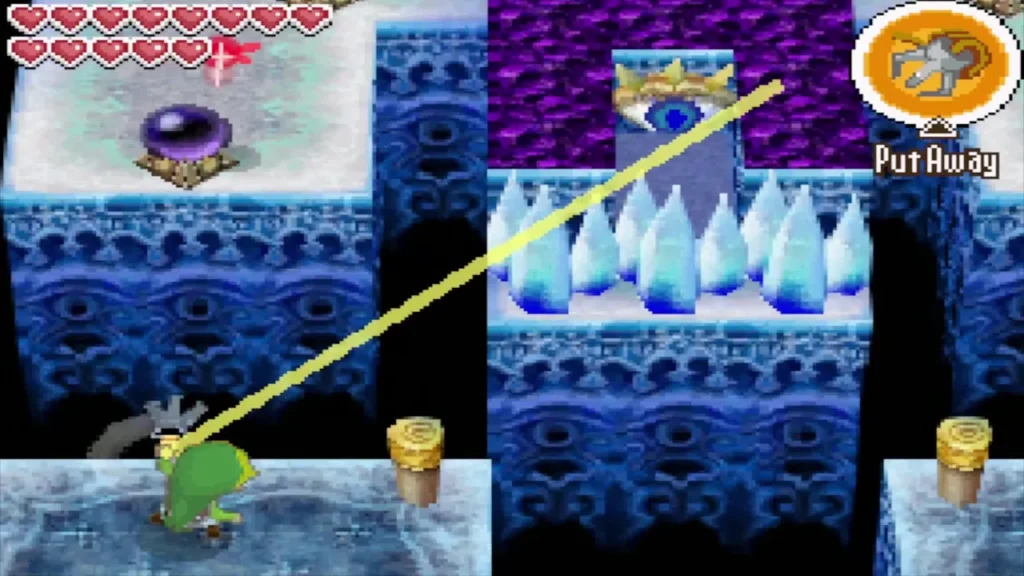 Link aiming across ice spikes toward an eye switch on the north wall Link aiming across ice spikes toward an eye switch on the north wall