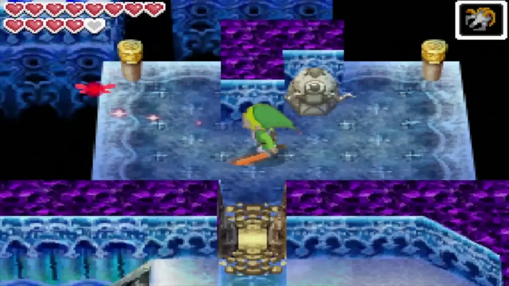 Link on an icy platform near a stone statue with a locked door below Link on an icy platform near a stone statue with a locked door below
