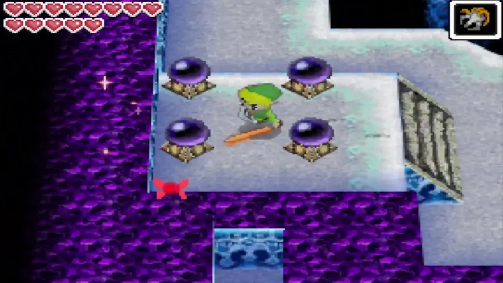 Link on a platform surrounded by four crystal switches Link on a platform surrounded by four crystal switches