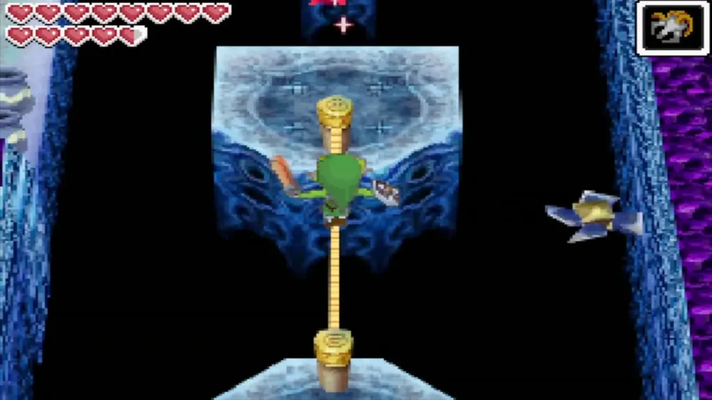 Link standing on a pillar with a tightrope stretched to the next pillar across a gap Link standing on a pillar with a tightrope stretched to the next pillar across a gap