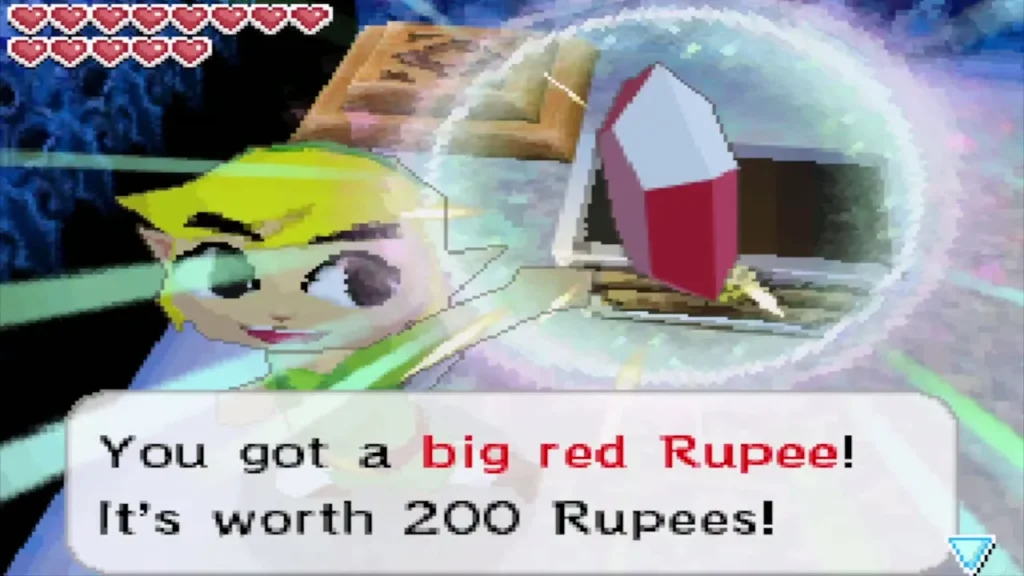 Link holding up a big red Rupee with the full message that it is worth 200 Rupees Link holding up a big red Rupee with the full message that it is worth 200 Rupees