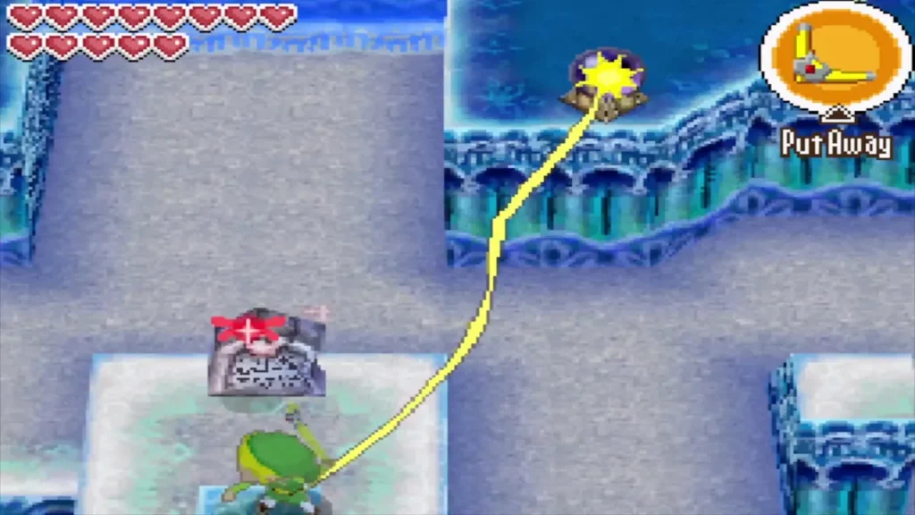 Link throwing the Boomerang along its path to a crystal switch from the blue tile Link throwing the Boomerang along its path to a crystal switch from the blue tile