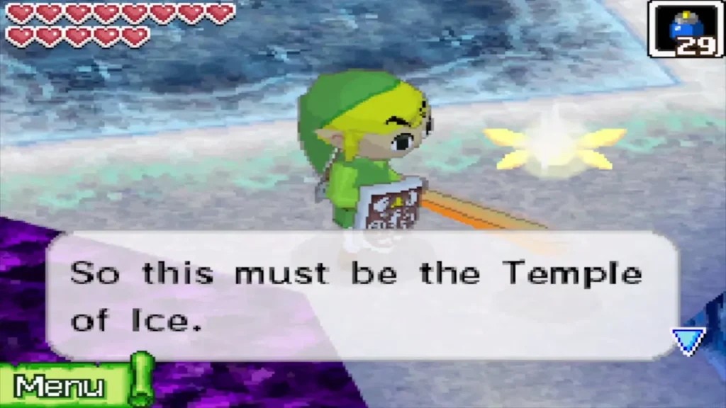 Link at the Temple of Ice entrance with Ciela saying this must be the Temple of Ice Link at the Temple of Ice entrance with Ciela saying this must be the Temple of Ice