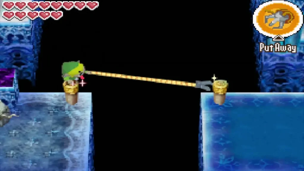 Link on a wooden peg with a tightrope stretched to the peg across the gap Link on a wooden peg with a tightrope stretched to the peg across the gap