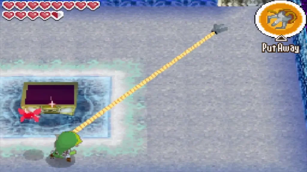 Link firing the Grappling Hook across the room beside the opened chest Link firing the Grappling Hook across the room beside the opened chest