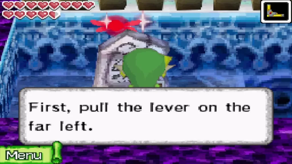 Link reading a tablet that says to pull the lever on the far left first Link reading a tablet that says to pull the lever on the far left first