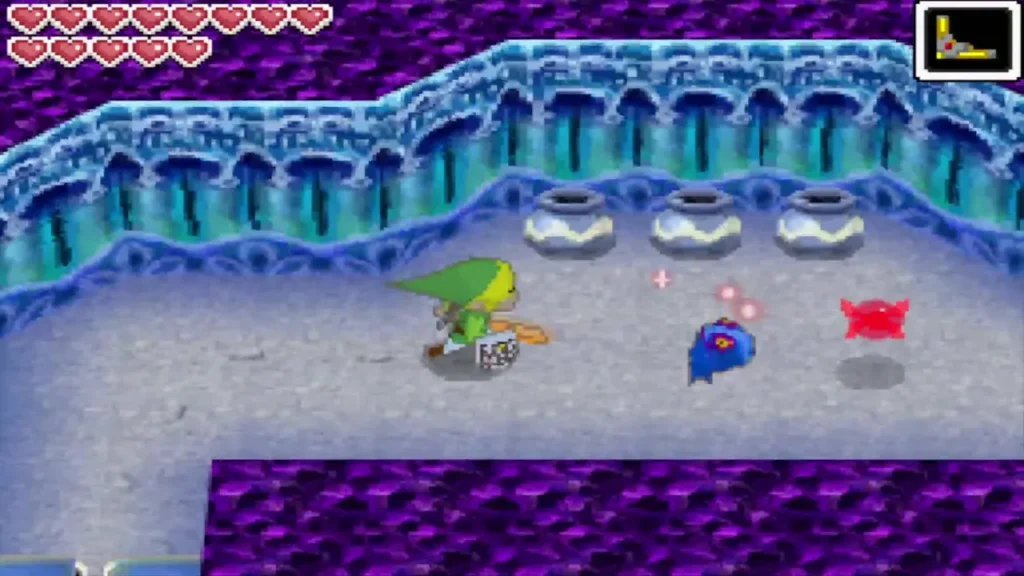 Link fighting a Keese along the icy wall lined with pots Link fighting a Keese along the icy wall lined with pots