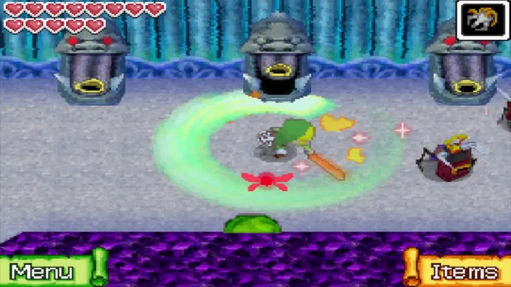 Link spin-attacking a Stag Beetle below three statues on 1F Link spin-attacking a Stag Beetle below three statues on 1F