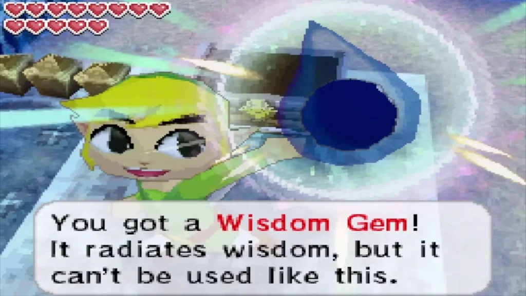 Link holding up a Wisdom Gem with the full You got a Wisdom Gem box Link holding up a Wisdom Gem with the full You got a Wisdom Gem box