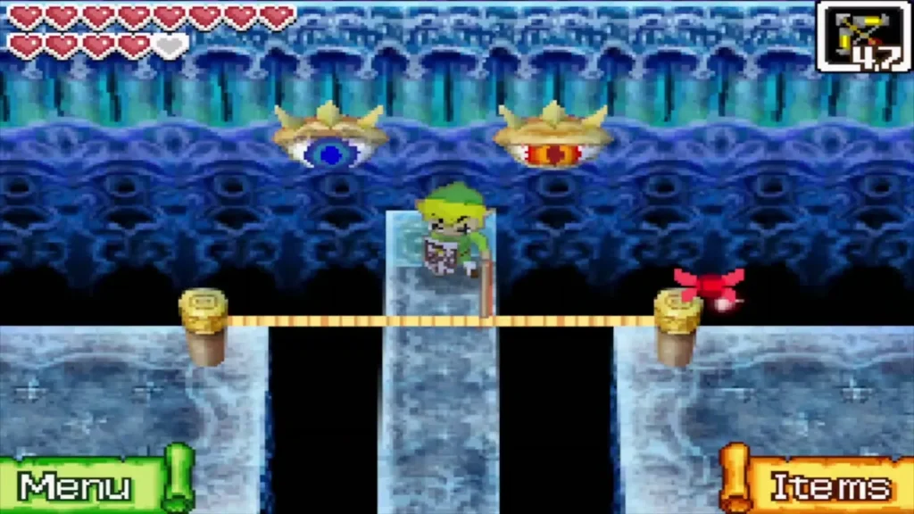 Link on the middle ledge below two eye switches with a rope across the gap Link on the middle ledge below two eye switches with a rope across the gap