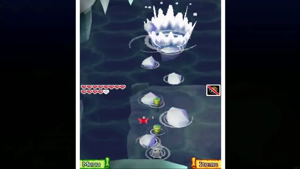 Ice crashing into the water around the pegs on Link's platform Ice crashing into the water around the pegs on Link's platform
