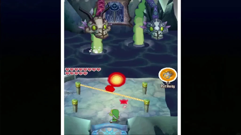 A fireball hitting Link's tightrope between the pegs A fireball hitting Link's tightrope between the pegs