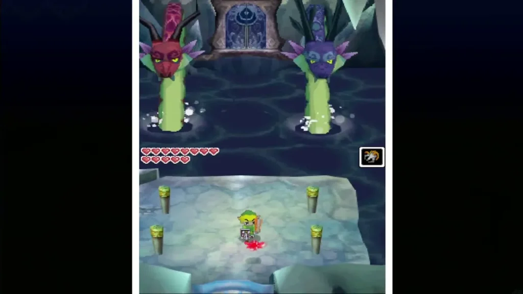 Gleeok's two unmasked heads facing Link across the platform Gleeok's two unmasked heads facing Link across the platform