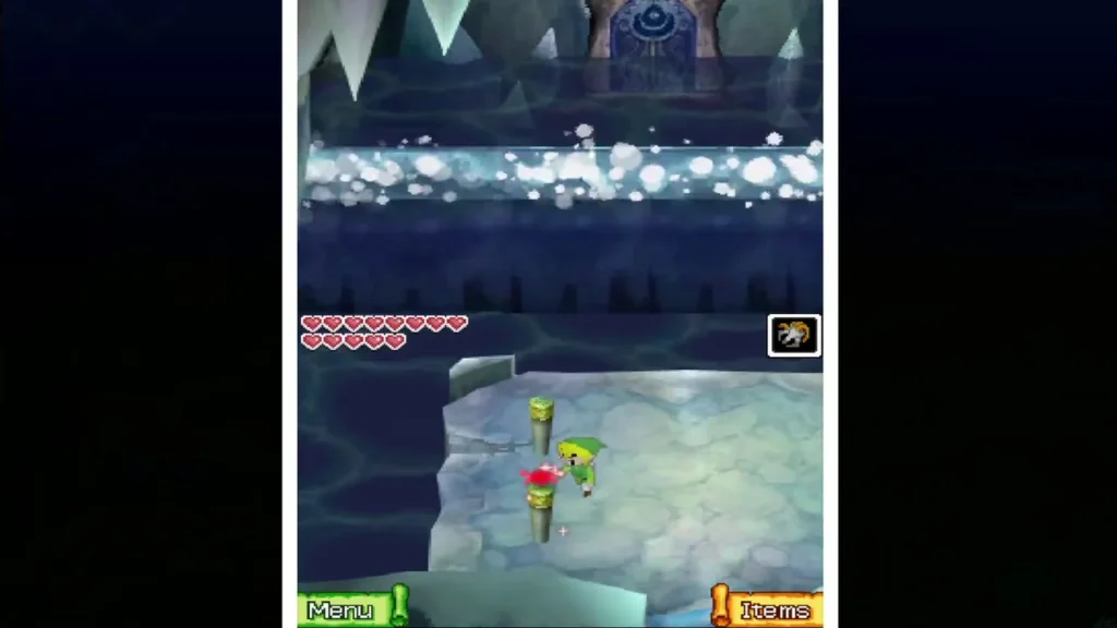 A wave sweeping toward Link as he stands beside a peg A wave sweeping toward Link as he stands beside a peg
