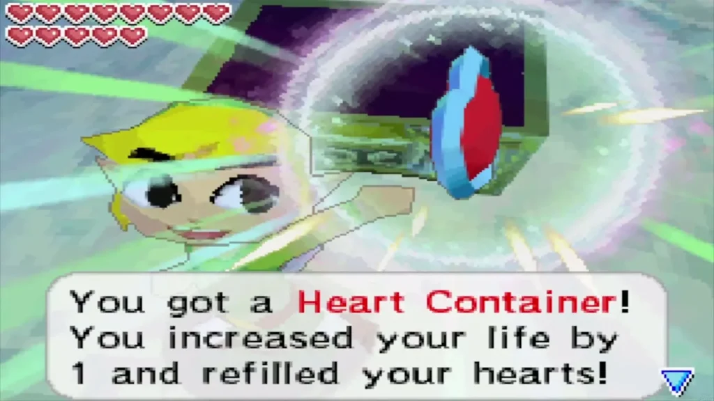 Link holding up a Heart Container with its message box Link holding up a Heart Container with its message box