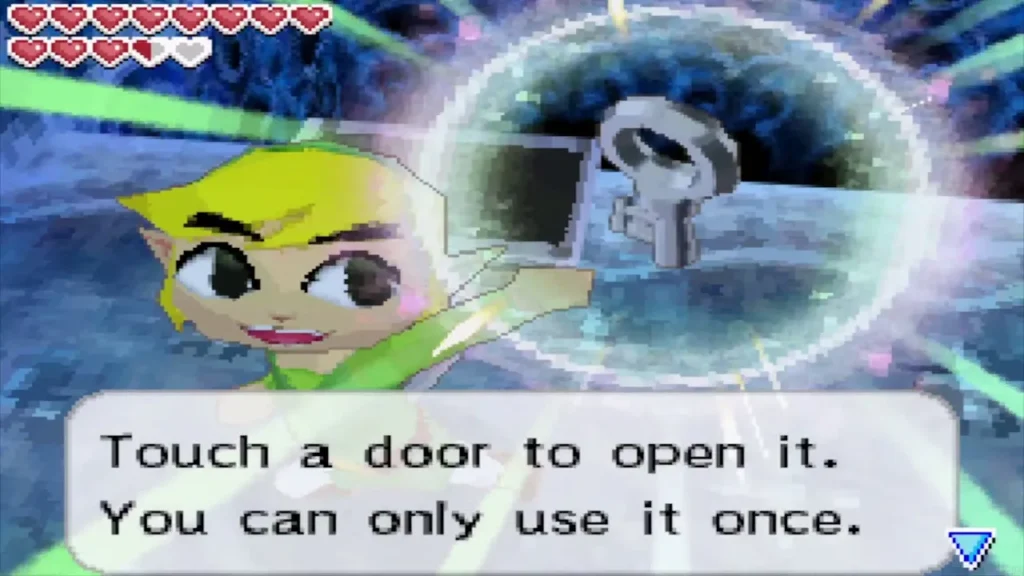 Link holding up the small key with its message box Link holding up the small key with its message box