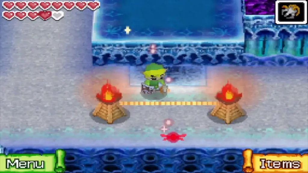 A tightrope stretched between two lit torches in front of Link A tightrope stretched between two lit torches in front of Link