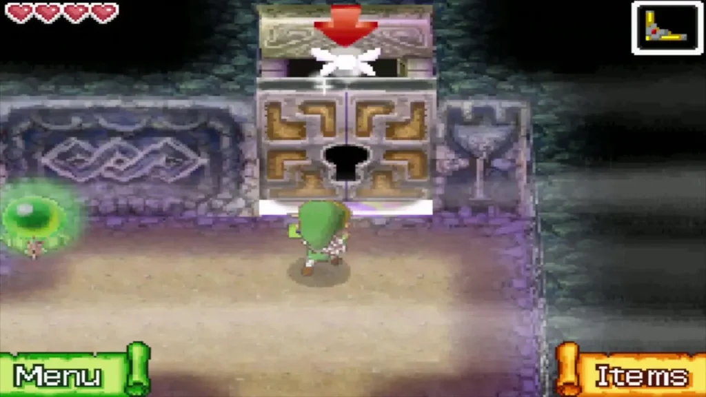 Link standing in front of the locked door in the north-east corner Link standing in front of the locked door in the north-east corner