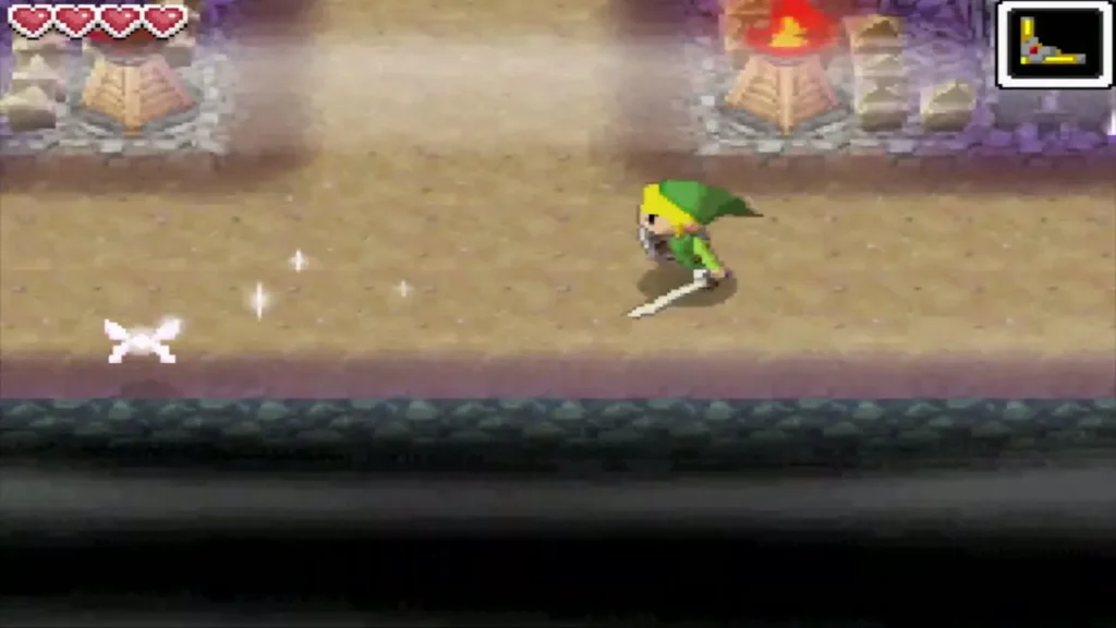 Link running along a B1 corridor toward a lit torch with his sword drawn Link running along a B1 corridor toward a lit torch with his sword drawn