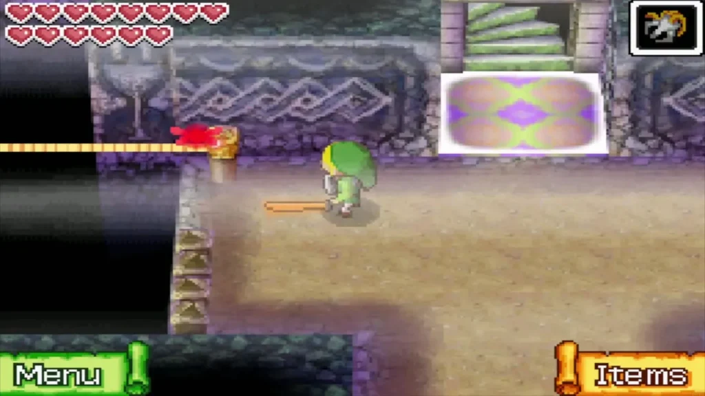 Link stretches a tightrope with the Grappling Hook across the B1 gap Link stretches a tightrope with the Grappling Hook across the B1 gap