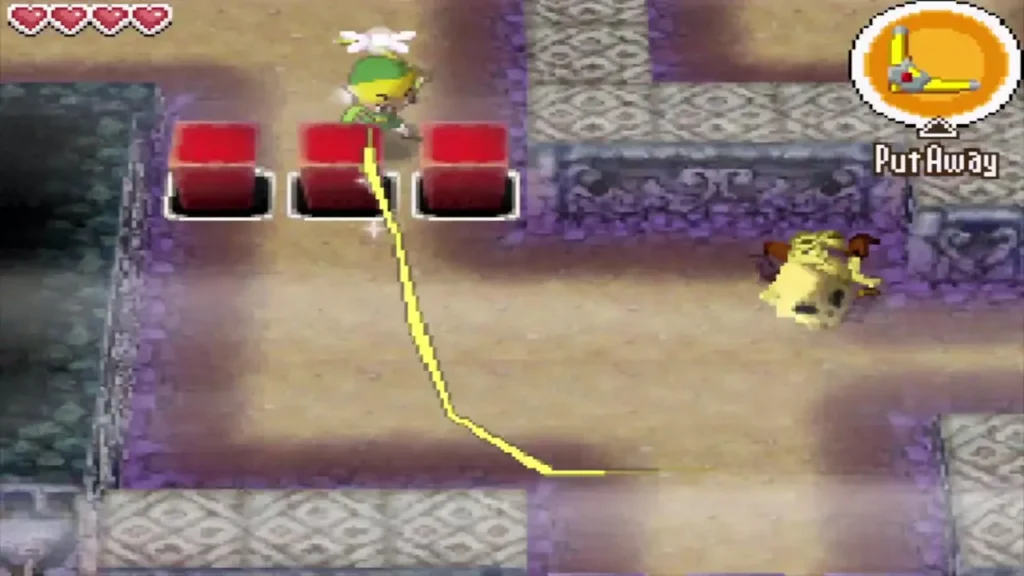 Link sending the Boomerang along a path beside three red crystal blocks Link sending the Boomerang along a path beside three red crystal blocks